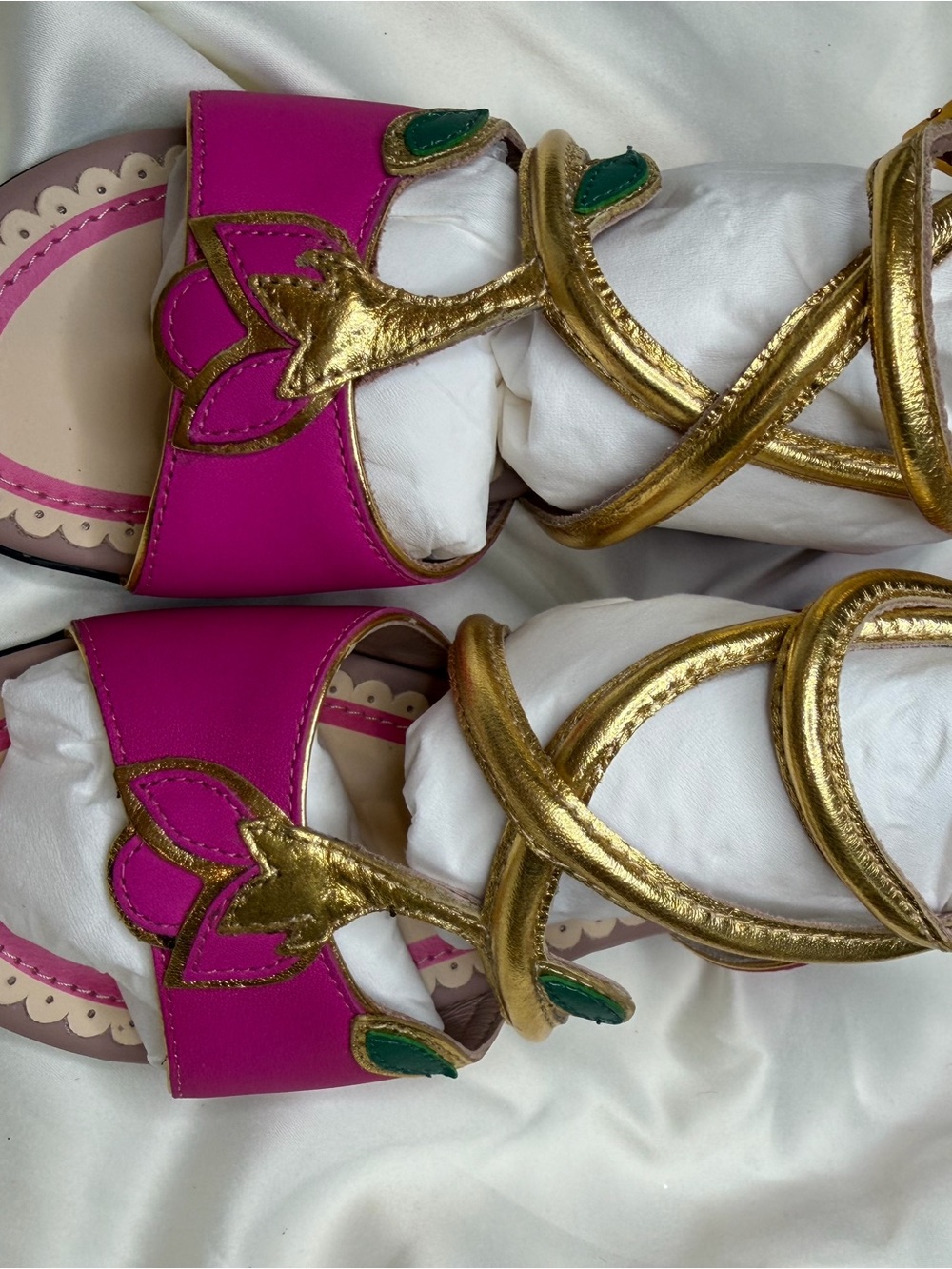Gucci Girls Pink and Gold Metallic Strappy Sandals with Green Accents